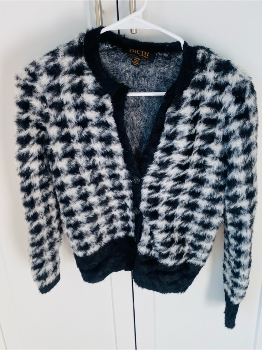 Truth by Republic womens XS fur sweater black white checkered cardigan